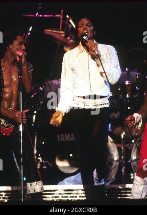 File photo of Michael Jackson performing during his 'Victory' Tour on July 14, 1984 at the Texas Stadium in Dallas, Texas. The singer has died aged 50. Stock Photo