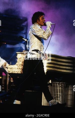 File photo of Michael Jackson performing during his 'Victory' Tour on July 14, 1984 at the Texas Stadium in Dallas, Texas. The singer has died aged 50. Stock Photo