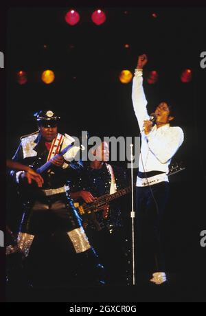 File photo of Michael Jackson performing during his 'Victory' Tour on July 14, 1984 at the Texas Stadium in Dallas, Texas. The singer has died aged 50. Stock Photo