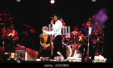 File photo of Michael Jackson performing during his 'Victory' Tour on July 14, 1984 at the Texas Stadium in Dallas, Texas. The singer has died aged 50. Stock Photo