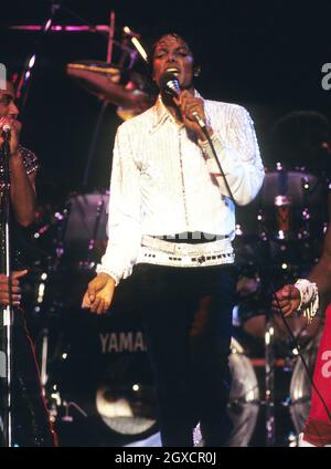 Michael Jackson performs during his 'Victory' Tour on July 14, 1984 at the Texas Stadium in Dallas, Texas. Stock Photo