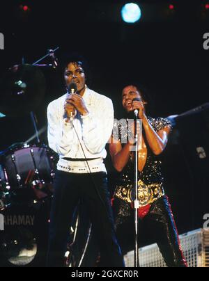 Michael Jackson performs during his 'Victory' Tour on July 14, 1984 at the Texas Stadium in Dallas, Texas. Stock Photo