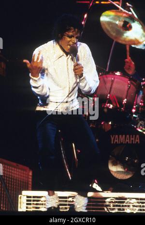 Michael Jackson performs during his 'Victory' Tour on July 14, 1984 at the Texas Stadium in Dallas, Texas. Stock Photo