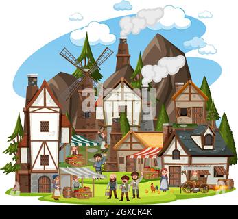 Medieval village with villagers on white background illustration Stock Vector