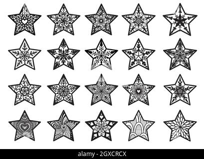 20 Mandala stars for Christmas ornament,printing,engraving,laser cutting, paper cutting. Vector illustration. Stock Vector