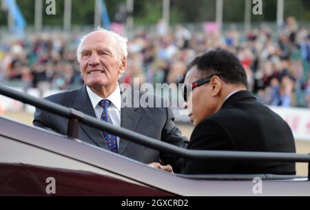 Boxers Muhammad Ali and Sir Henry Cooper parade round the ring in the back of a landrover at the 2009 Alltech FEI European Jumping and Dressage Championships in the grounds of Windsor Castle on August 28, 2009. Stock Photo