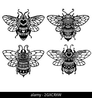 4 styles orf Mandala bees for adult coloring book,printing,engraving,tattoo and so on. Vector illustration Stock Vector