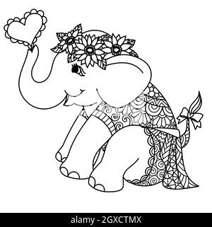 Baby girl elephant wearing sunflower wreath and mandala dress for printing on card,coloring book,coloring page,laser cut,engraving and so on. Vector i Stock Vector