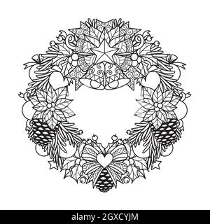 Christmas wreath for adult coloring book, printing on product, laser cutting, paper cutting and so on. Vector illustration. Stock Vector