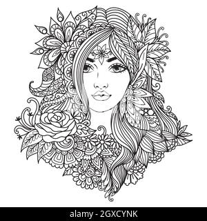 Fairy girl with mandala flowers for coloring book, print on product, laser engraving and so on. Vector illustration Stock Vector