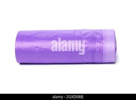 skein of purple plastic trash bags with strings isolated on white  background, close up Stock Photo - Alamy