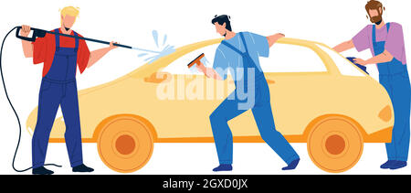 Car Wash Service Workers Washing Automobile Vector Stock Vector