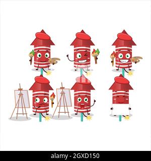 Artistic Artist of red rocket firework cartoon character painting with a brush. Vector illustration Stock Vector