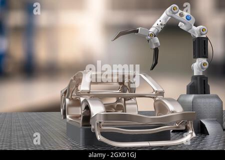 Car production processing service in factory robot hi tech robotic AI control arm hand robot artificial for car technology garage dealership with tech Stock Photo