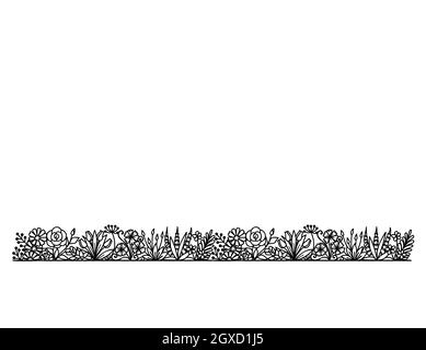 Repeatable flowers line, black silhouette of floral garden on white background for printing, engraving or coloring. Vector illustration. Stock Vector