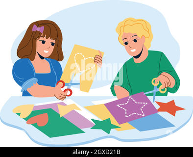 Kids Paper Craft Together In Kindergarten Vector Stock Vector