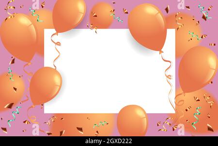 Greeting card. Festive template. Happy Birthday. Holiday. orange balloons on a pink background with Colored komfeti. EPS 10 Stock Vector
