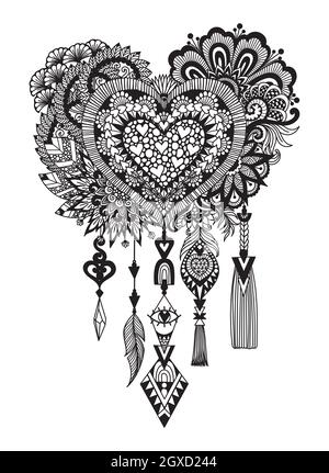 Mandala heart dream catcher for printing on product, adult coloring book,engraving,laser cut,paer cut and so on. Stock Vector