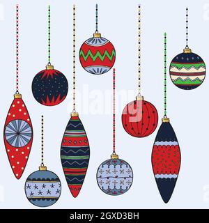 Hand Drawn Christmas ornaments. Tree balls decoration. Holiday doodles. Colored elements. Stock Vector