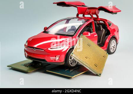 Barcelona, Spain. October 21: Red Tesla Model X toy car with open falcon wings doors Stock Photo
