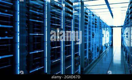 Server racks in computer network security server room data center. 3D render dark blue Stock Photo