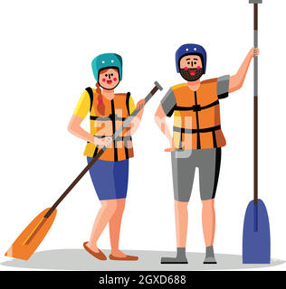 Rafting People Wear Life Vest Hold Paddle Vector Stock Vector