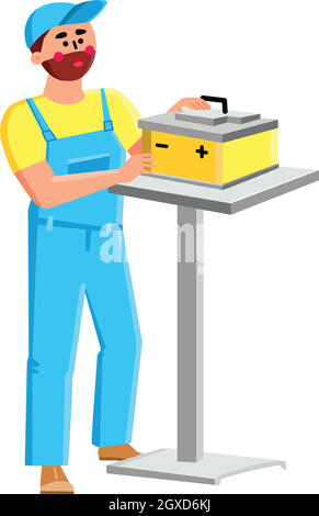 Car Battery Examining Car Service Worker Vector Stock Vector