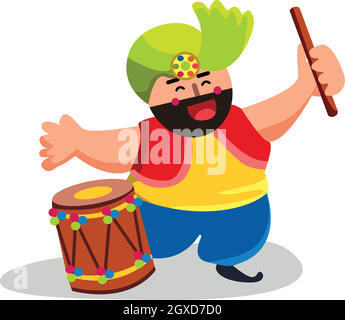 Punjabi Character With Drum Sticks And Dhol Vector Stock Vector