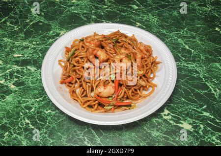 Traditional and authentic Chinese cuisine known as shrimp lo mein Stock Photo