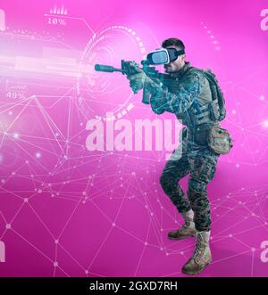 modern warfare futuristic soldier using vr virtual reality glasses with neural network dots and lines in background as concept of artificial intelienc Stock Photo