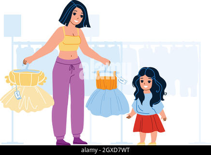 Girl Kid Shopping And Choose Dress In Store Vector Stock Vector