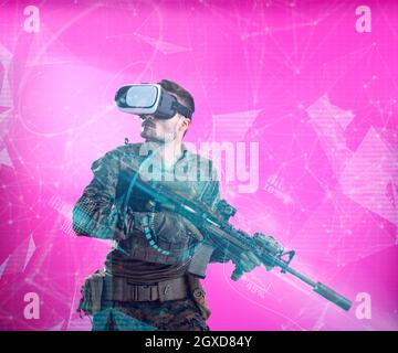 modern warfare futuristic soldier using vr virtual reality glasses with neural network dots and lines in background as concept of artificial intelienc Stock Photo