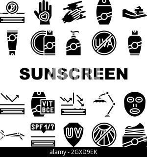 Sunscreen Protection Collection Icons Set isolated illustration Stock Vector