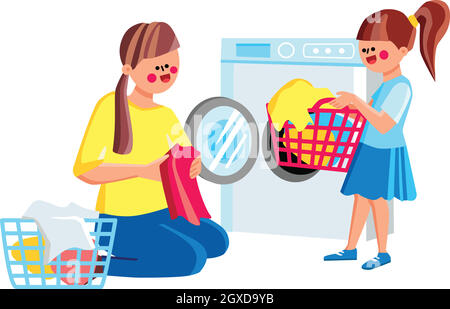 Daughter Girl Helping Mother Doing Laundry Vector Stock Vector