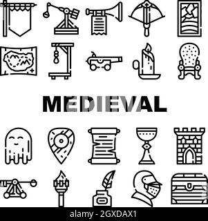 Medieval Middle Age Collection Icons Set Vector Stock Vector