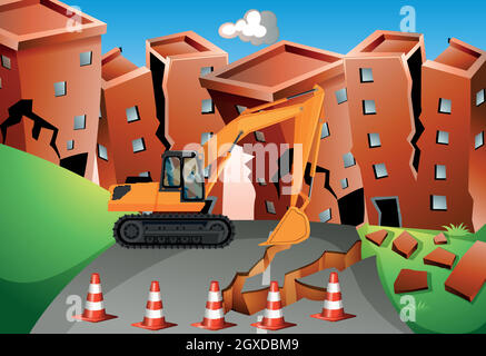 Earthquake scene with bulldozer and buildings Stock Vector