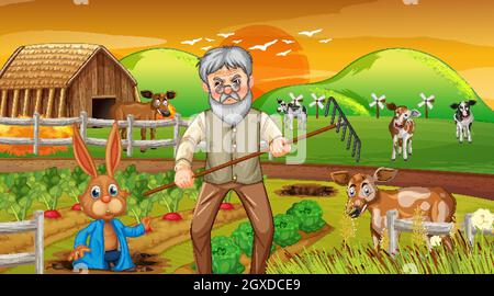 Farm at sunset time scene with old farmer man and farm animals ...