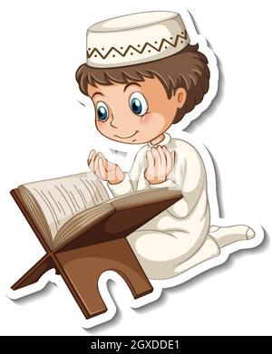 Sticker template with a muslim boy reading book isolated illustration ...