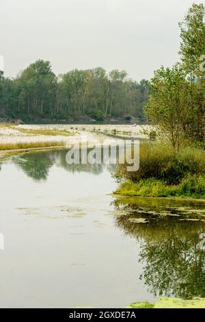landscape with Ticino river clear waters  between shingle shores and lush vegetation, shot in a bright cloudy fall day  in Ticino park near Bernate, M Stock Photo