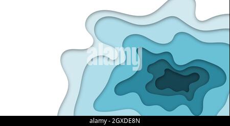 3D abstract blue wave background paper cut shapes. Turquoise blue multi layer wavy design, place for text. Illustration Stock Photo