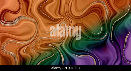 Vivid abstract marble agate with golden veins. Abstract marbling agate texture and shiny gold curves background. Horizontal fluid orange green violet Stock Photo