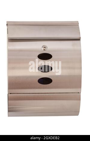 Metal mailbox isolated. Close-up of a modern silver stainless steel mailbox with newspaper box and three viewing windows isolated on white. Macro of a Stock Photo