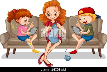 Children learning from home on electronic device illustration Stock Vector