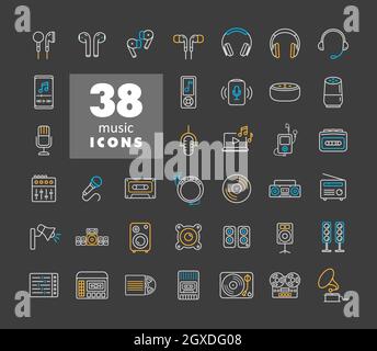 Multimedia devices and symbols icons set on dark background. Graph symbol for music and sound web site and apps design, logo, app, UI Stock Photo
