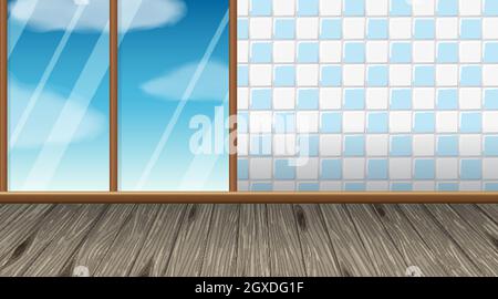 Empty room with parquet floor and sliding patio door illustration Stock Vector