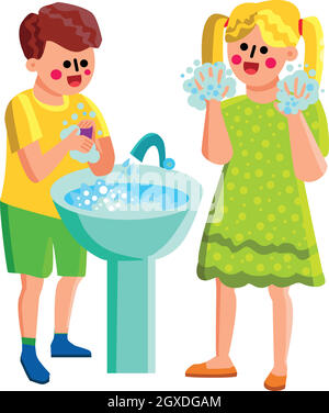 Boy And Girl Washing Soapy Hands In Sink Vector Stock Vector