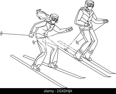 Man And Woman Skiing Downhill From Hill Vector Stock Vector