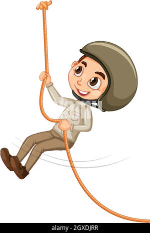 Boy in safari outfit climbing on isolated background Stock Vector