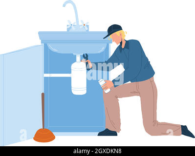 Plumber In Working Overall Fixing Sink Vector Stock Vector