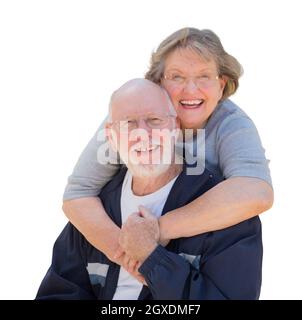 Happy Loving Senior Couple Hugging and Laughing Isolated on a White Background. Stock Photo